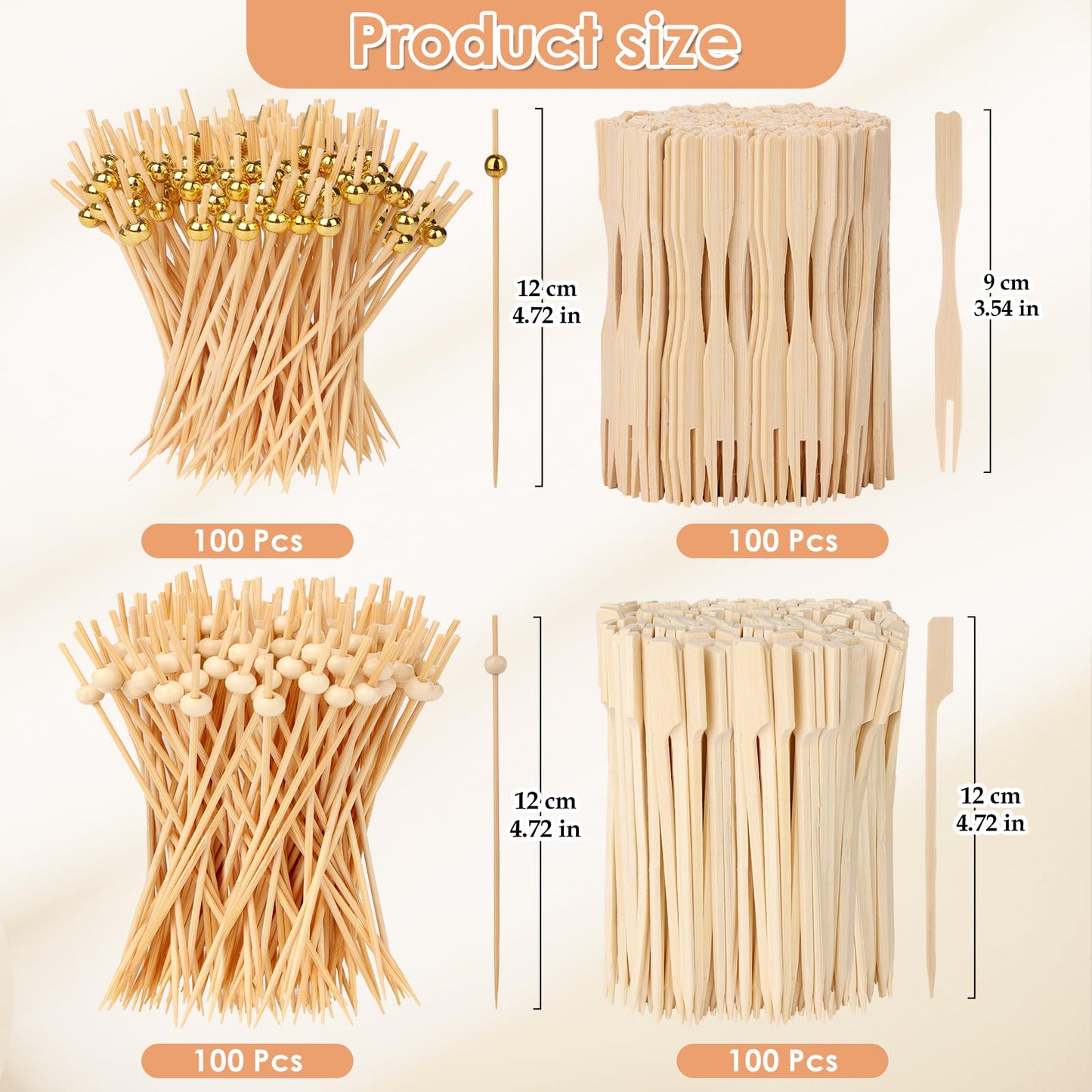400PCS Cocktail Picks, Sublaga 4.7" Eco-friendly Natural Bamboo Ball Food Picks, Fancy Toothpicks for Appetizers, Drinks Party Fruit, Bamboo Gold Ball Food Sticks Charcuterie Boards Accessories