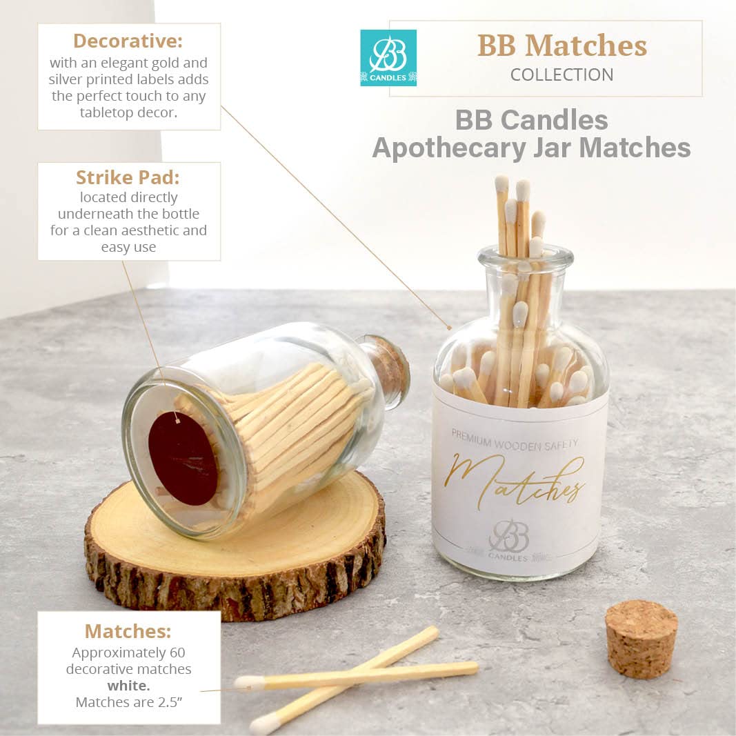 Decorative Matches in Apothecary Jar, 2.5" Premium Wood Matches, 60 Count, Gold and Silver Decorative Label