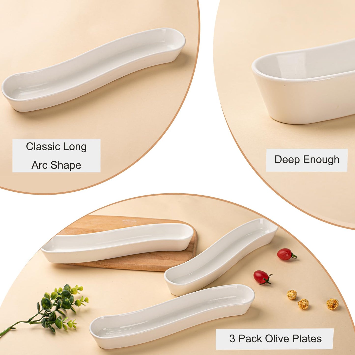 3-Pack Olive Plates-Versatile Ceramic Olive Tray for Snacks, Appetizers Platter-Long Arc Shape Boat Restaurantware for Entertaining and Displaying Appetizers-Dishwasher & Microwave Safe (12 inches)