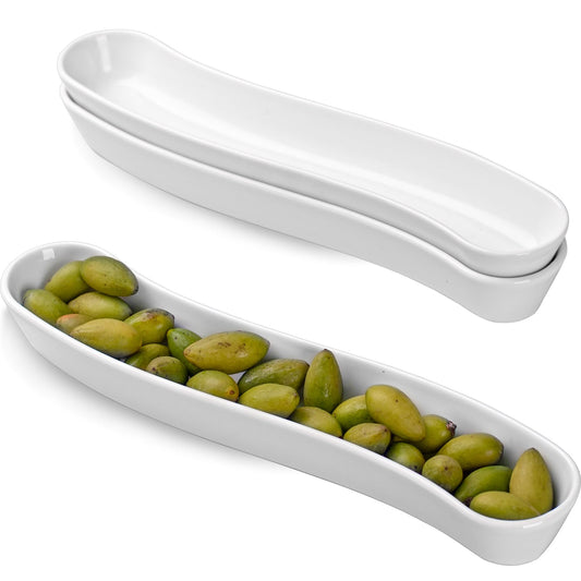 3-Pack Olive Plates-Versatile Ceramic Olive Tray for Snacks, Appetizers Platter-Long Arc Shape Boat Restaurantware for Entertaining and Displaying Appetizers-Dishwasher & Microwave Safe (12 inches)