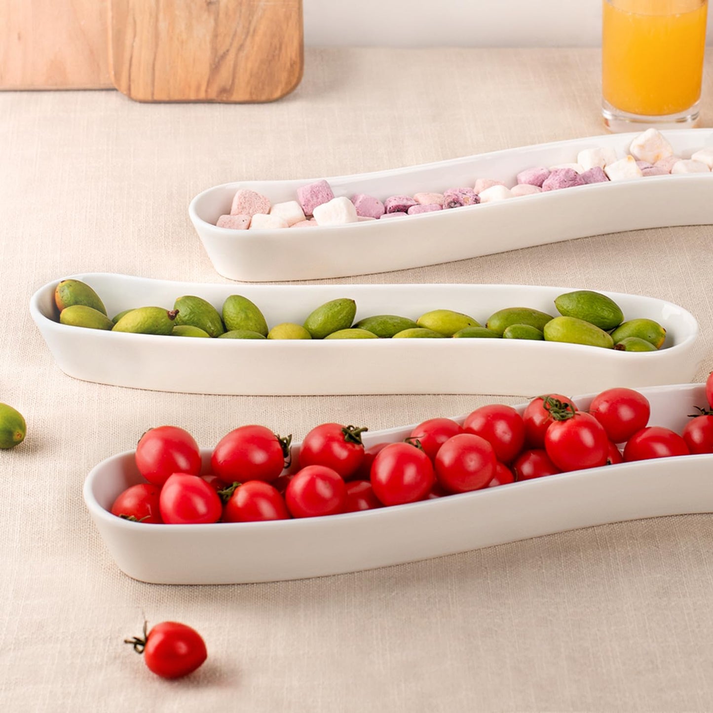 3-Pack Olive Plates-Versatile Ceramic Olive Tray for Snacks, Appetizers Platter-Long Arc Shape Boat Restaurantware for Entertaining and Displaying Appetizers-Dishwasher & Microwave Safe (12 inches)