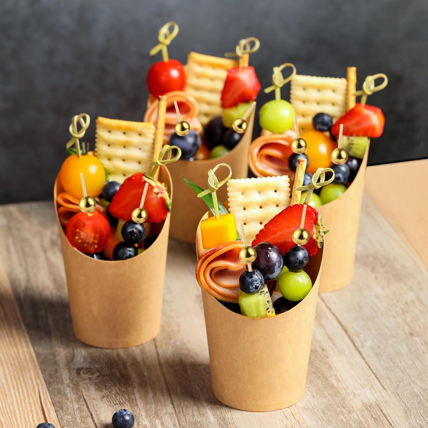 50 Pcs Charcuterie Cups with Skewers, 12 Oz Paper Snack Appetizer Cups with Cocktail Picks, French Fry Holder Brown Kraft, Disposable Popcorn Boxes Cones, Party Board Favor(50 Cups + 200 Sticks)