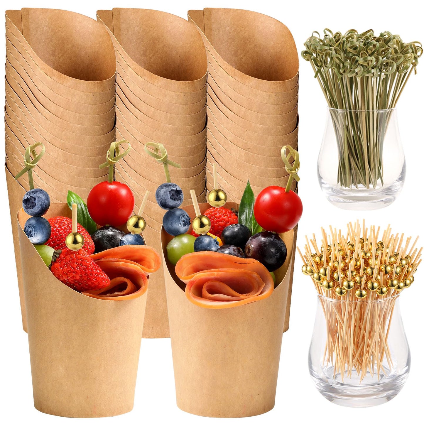 50 Pcs Charcuterie Cups with Skewers, 12 Oz Paper Snack Appetizer Cups with Cocktail Picks, French Fry Holder Brown Kraft, Disposable Popcorn Boxes Cones, Party Board Favor(50 Cups + 200 Sticks)