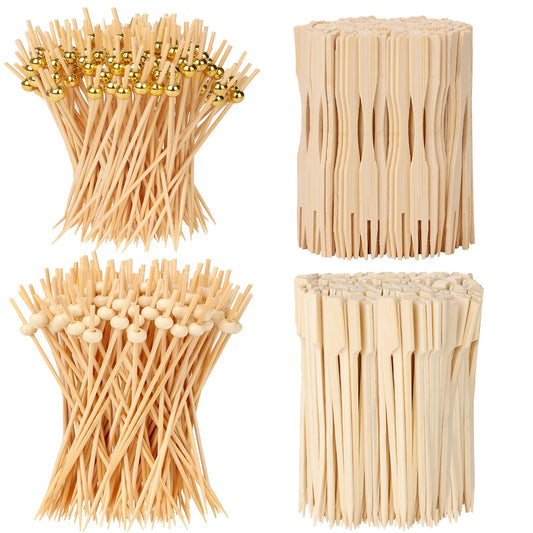 400PCS Cocktail Picks, Sublaga 4.7" Eco-friendly Natural Bamboo Ball Food Picks, Fancy Toothpicks for Appetizers, Drinks Party Fruit, Bamboo Gold Ball Food Sticks Charcuterie Boards Accessories