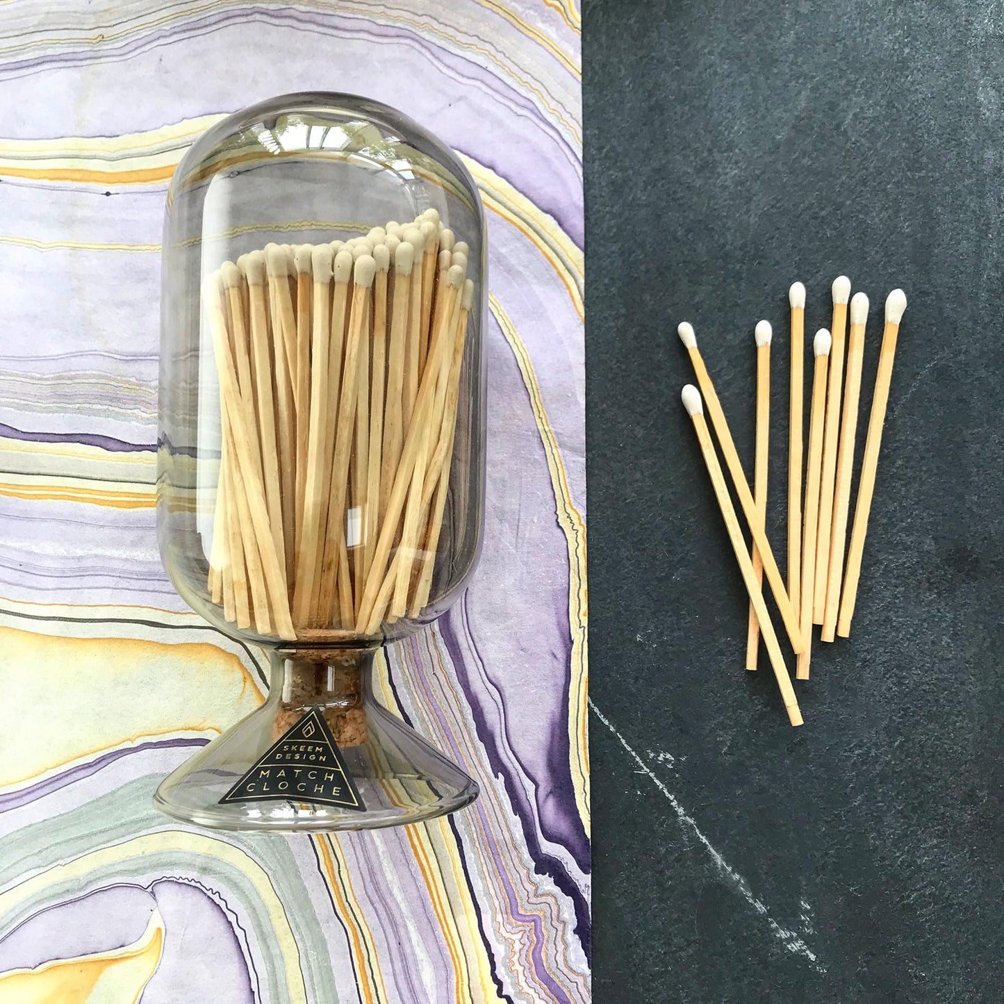 Skeem Glass Match Cloche with Striker - Smoke - Includes 120 Small Match Sticks - Perfect Fireplace Decor, Decorative Matches for Candles